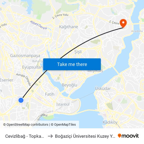 Cevizlibağ - Topkapi Yönü to Boğaziçi Üniversitesi Kuzey Yerleşkesi map