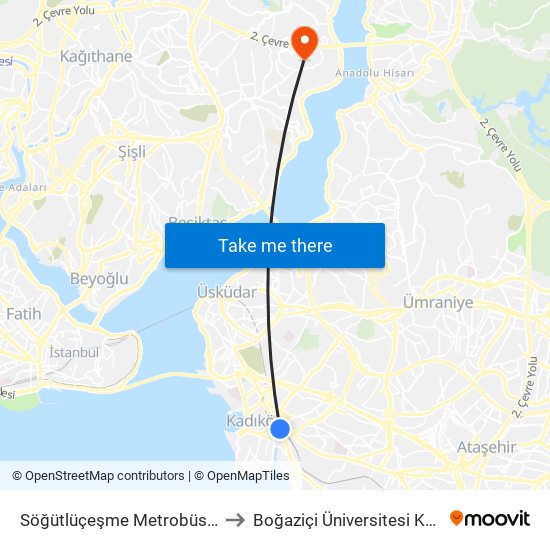 Söğütlüçeşme Metrobüs - Kadiköy Yönü to Boğaziçi Üniversitesi Kuzey Yerleşkesi map
