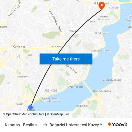 Kabataş - Beşiktaş Yönü to Boğaziçi Üniversitesi Kuzey Yerleşkesi map