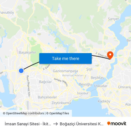 İmsan Sanayi Sitesi - İkitelli Garaji Yönü to Boğaziçi Üniversitesi Kuzey Yerleşkesi map