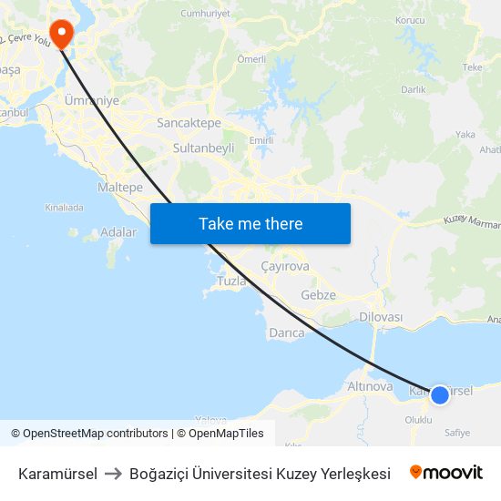 Karamürsel to Boğaziçi Üniversitesi Kuzey Yerleşkesi map