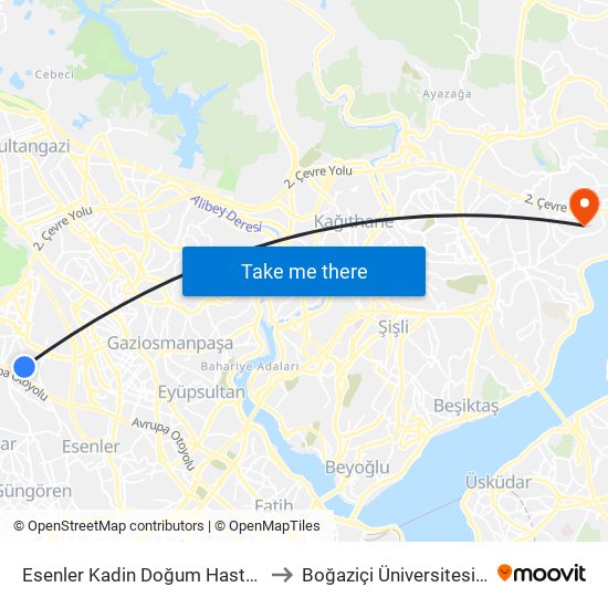 Esenler Kadin Doğum Hastanesi - Giyimkent Yönü to Boğaziçi Üniversitesi Kuzey Yerleşkesi map