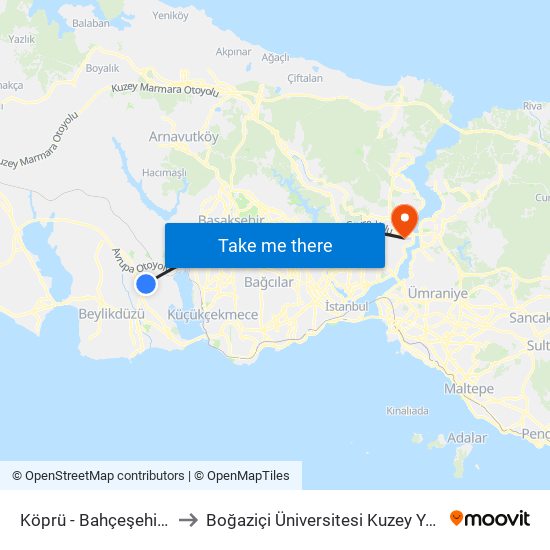 Köprü - Bahçeşehir Yönü to Boğaziçi Üniversitesi Kuzey Yerleşkesi map