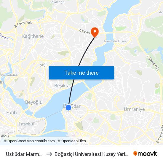 Üsküdar Marmaray to Boğaziçi Üniversitesi Kuzey Yerleşkesi map
