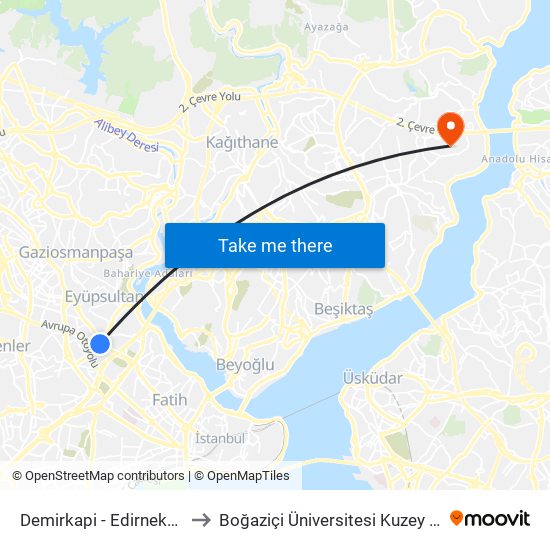 Demirkapi - Edirnekapi Yönü to Boğaziçi Üniversitesi Kuzey Yerleşkesi map