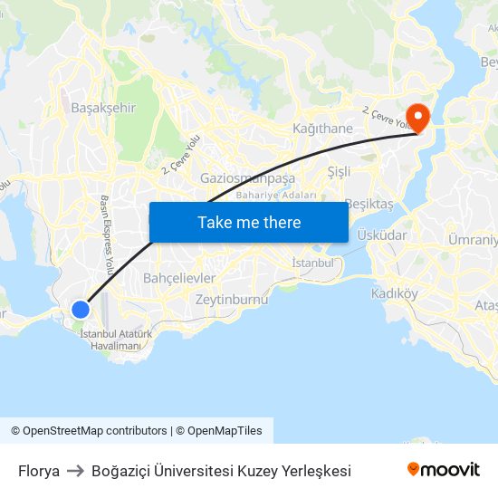 Florya to Boğaziçi Üniversitesi Kuzey Yerleşkesi map