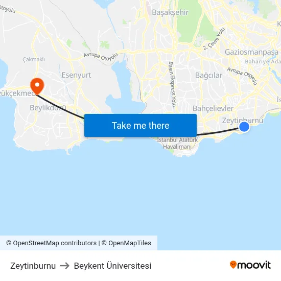 Zeytinburnu to Beykent Üniversitesi map