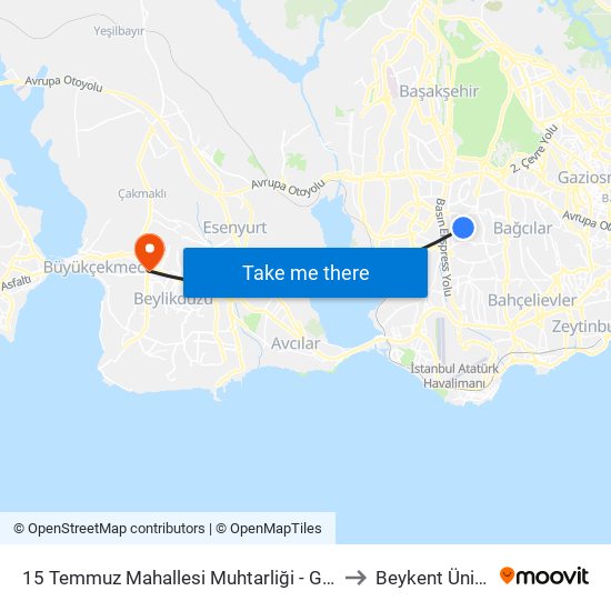 15 Temmuz Mahallesi Muhtarliği - Güneşli Meydan Yönü to Beykent Üniversitesi map