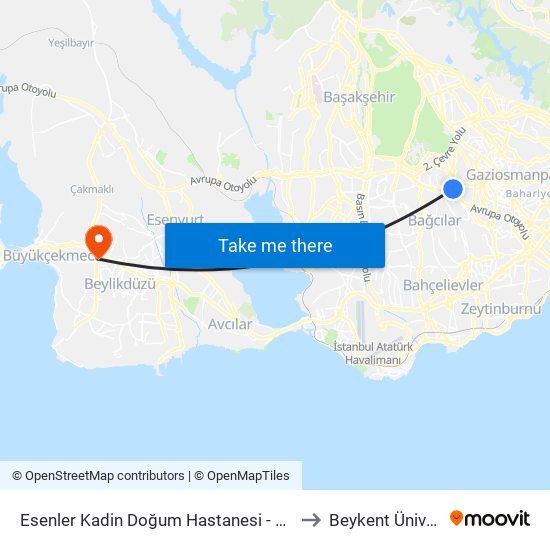 Esenler Kadin Doğum Hastanesi - Giyimkent Yönü to Beykent Üniversitesi map