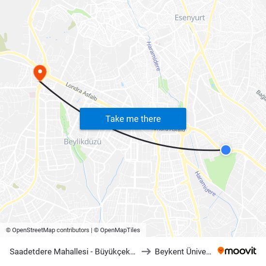 Saadetdere Mahallesi - Büyükçekmece Yönü to Beykent Üniversitesi map