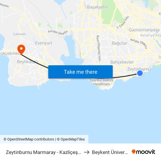 Zeytinburnu Marmaray - Kazliçeşme Yönü to Beykent Üniversitesi map