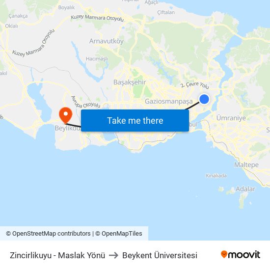Zincirlikuyu - Maslak Yönü to Beykent Üniversitesi map