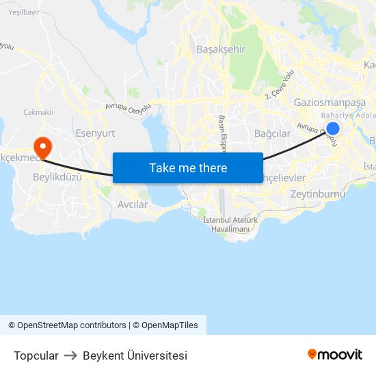 Topcular to Beykent Üniversitesi map