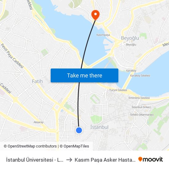 İstanbul Üniversitesi - Laleli to Kasım Paşa Asker Hastanesi map