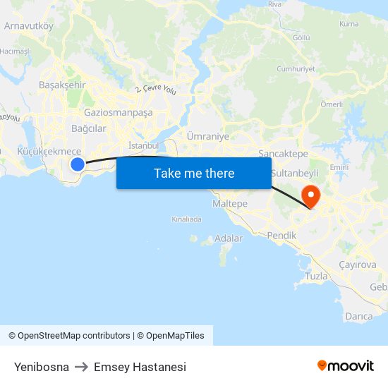 Yenibosna to Emsey Hastanesi map