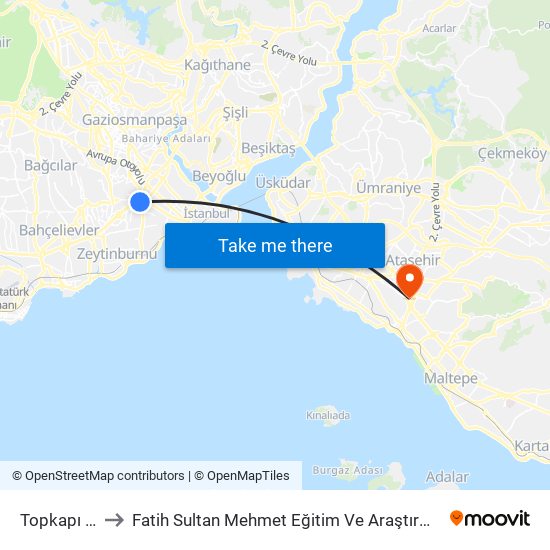 Topkapı (T1) to Fatih Sultan Mehmet Eğitim Ve Araştırma Hastanesi map