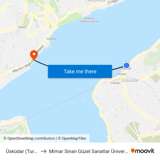 Üsküdar (Turyol) to Mimar Sinan Güzel Sanatlar Üniversitesi map