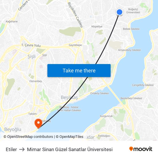 Etiler to Mimar Sinan Güzel Sanatlar Üniversitesi map