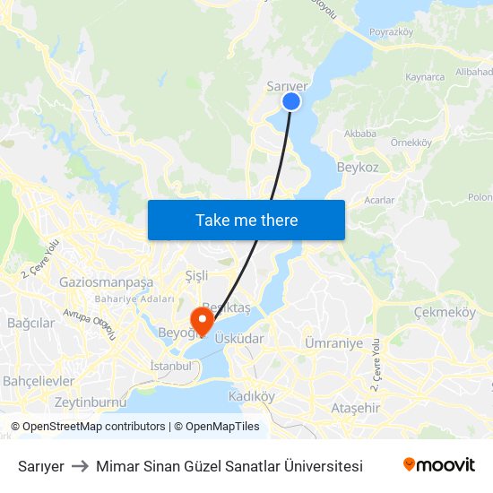 Sarıyer to Mimar Sinan Güzel Sanatlar Üniversitesi map