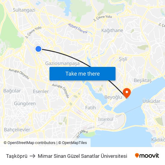 Taşköprü to Mimar Sinan Güzel Sanatlar Üniversitesi map