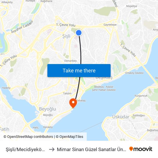 Şişli/Mecidiyeköy (M2) to Mimar Sinan Güzel Sanatlar Üniversitesi map