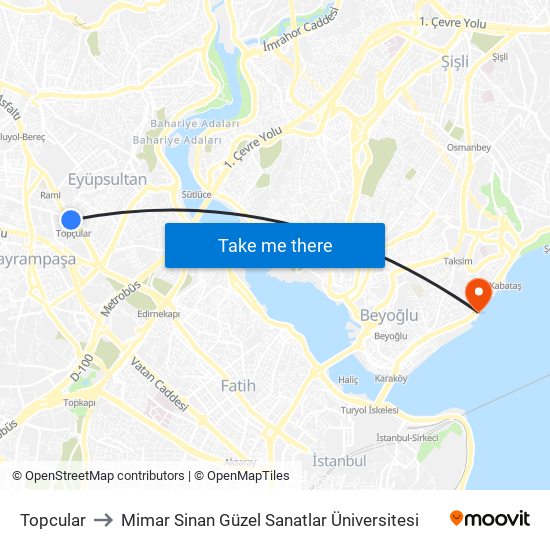 Topcular to Mimar Sinan Güzel Sanatlar Üniversitesi map