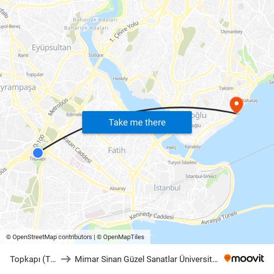 Topkapı (T4) to Mimar Sinan Güzel Sanatlar Üniversitesi map