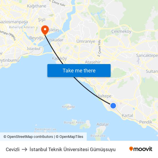 Cevizli to İstanbul Teknik Üniversitesi Gümüşsuyu map