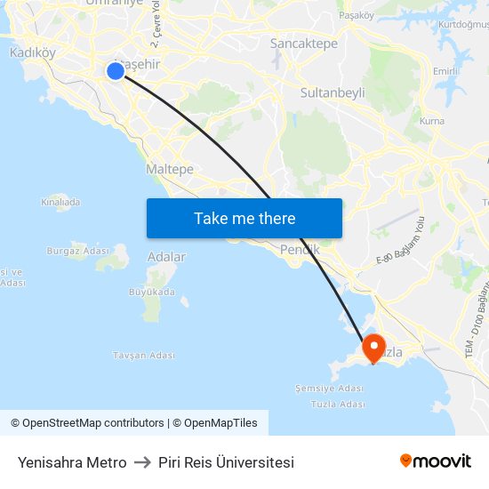 Yenisahra Metro to Piri Reis Üniversitesi map