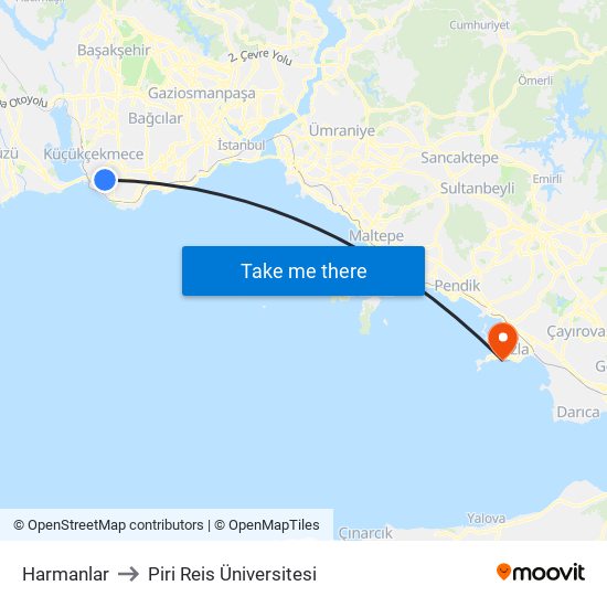 Harmanlar to Piri Reis Üniversitesi map