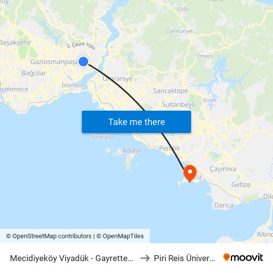 Mecidiyeköy Viyadük - Gayrettepe Yönü to Piri Reis Üniversitesi map