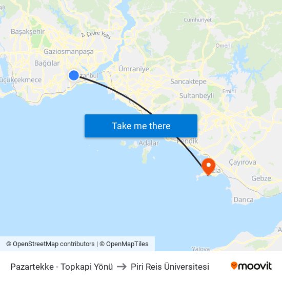 Pazartekke - Topkapi Yönü to Piri Reis Üniversitesi map