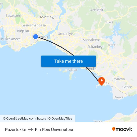 Pazartekke to Piri Reis Üniversitesi map