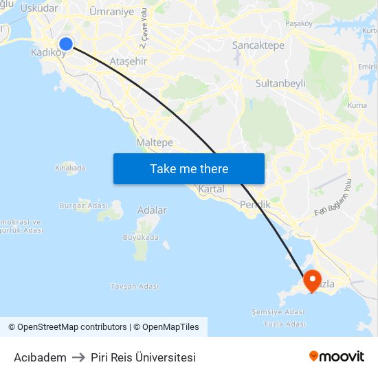 Acıbadem to Piri Reis Üniversitesi map