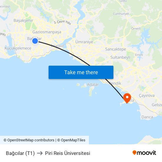 Bağcılar (T1) to Piri Reis Üniversitesi map