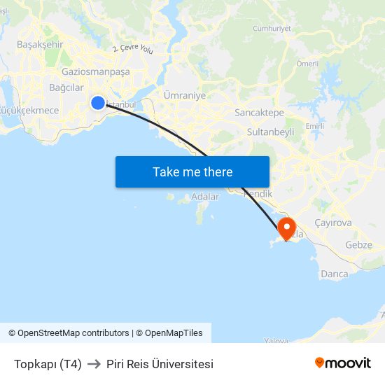 Topkapı (T4) to Piri Reis Üniversitesi map