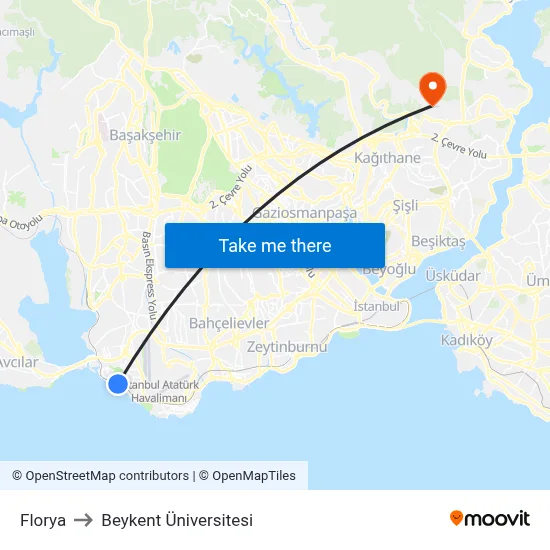 Florya to Beykent Üniversitesi map