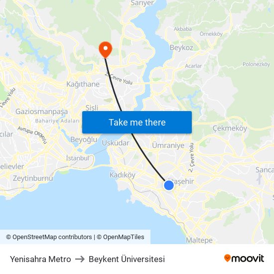 Yenisahra Metro to Beykent Üniversitesi map