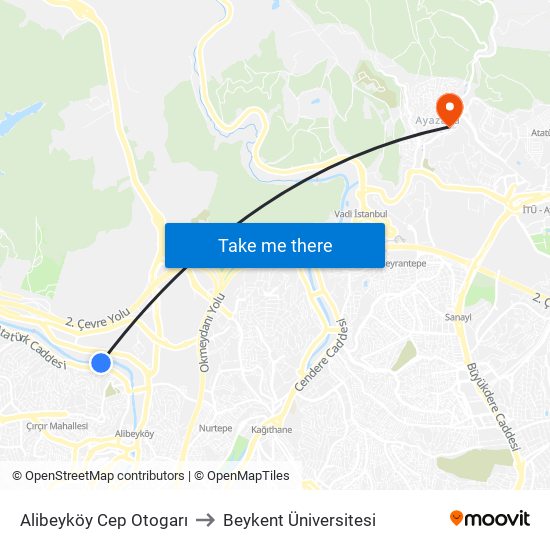 Alibeyköy Cep Otogarı to Beykent Üniversitesi map