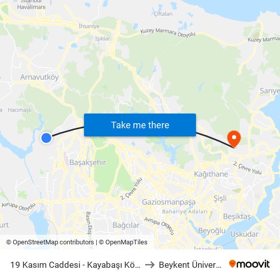 19 Kasım Caddesi - Kayabaşı Köyü Yönü to Beykent Üniversitesi map