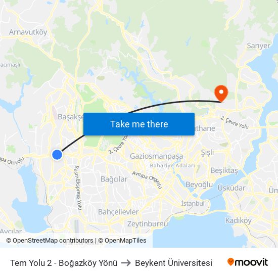 Tem Yolu 2 - Boğazköy Yönü to Beykent Üniversitesi map