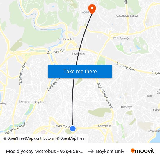 Mecidiyeköy Metrobüs - 92ş-E58-33m-33tm Yönü to Beykent Üniversitesi map