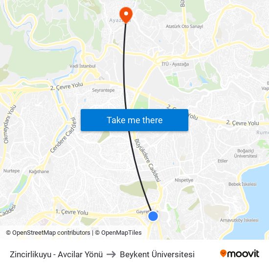 Zincirlikuyu - Avcilar Yönü to Beykent Üniversitesi map