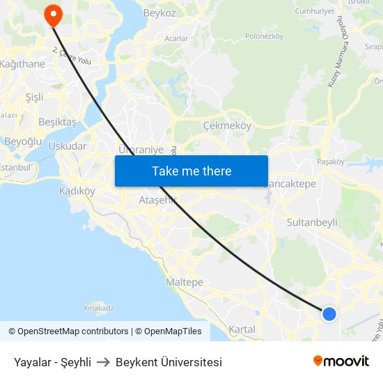 Yayalar - Şeyhli to Beykent Üniversitesi map