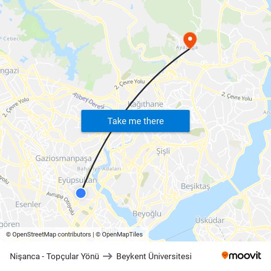Nişanca - Topçular Yönü to Beykent Üniversitesi map