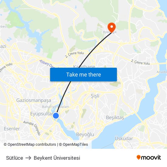 Sütlüce to Beykent Üniversitesi map