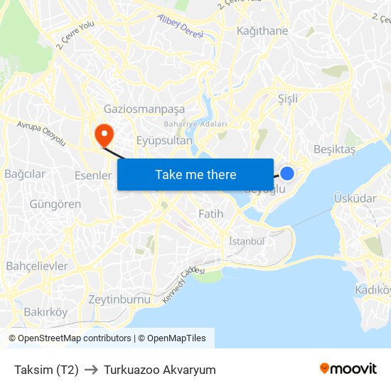 Taksim (T2) to Turkuazoo Akvaryum map