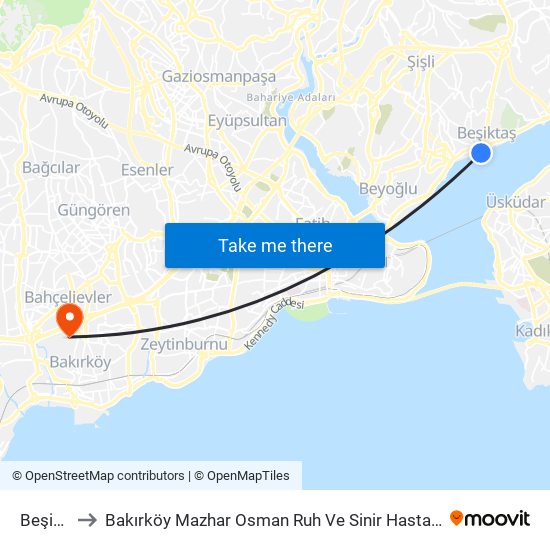 Beşiktaş to Bakırköy Mazhar Osman Ruh Ve Sinir Hastalıkları Hastanesi map