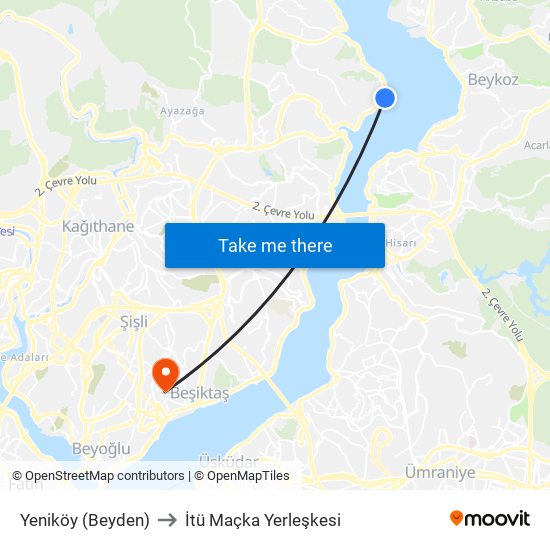 Yeniköy (Beyden) to İtü Maçka Yerleşkesi map