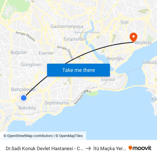 Dr.Sadi Konuk Devlet Hastanesi - Cevizlibag Yönü to İtü Maçka Yerleşkesi map